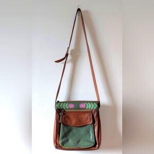 Handpainted Fossil Crossbody With Spring Tulips Folk Art Design